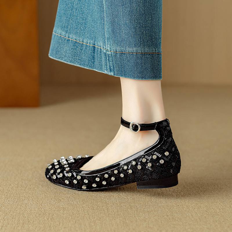 Krazing Pot Knitwear Sheepskin Summer Size 40 Crystal Low Heels Ankle Straps Rhinestone Square Toe Elegant Sweety Pumps