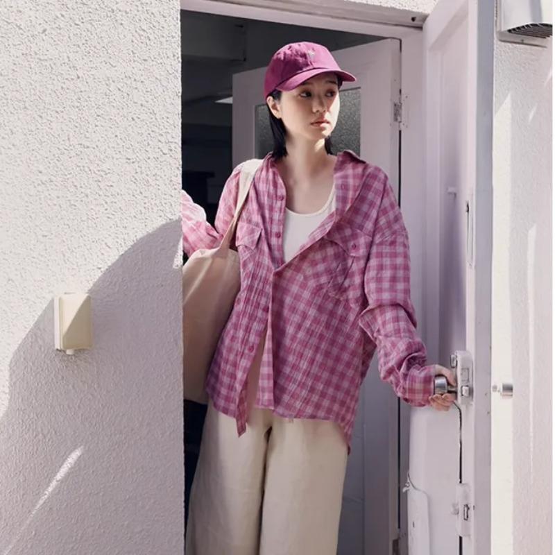 

Summer Women Pink Plaid Shirt Oversized Button Down Casual S