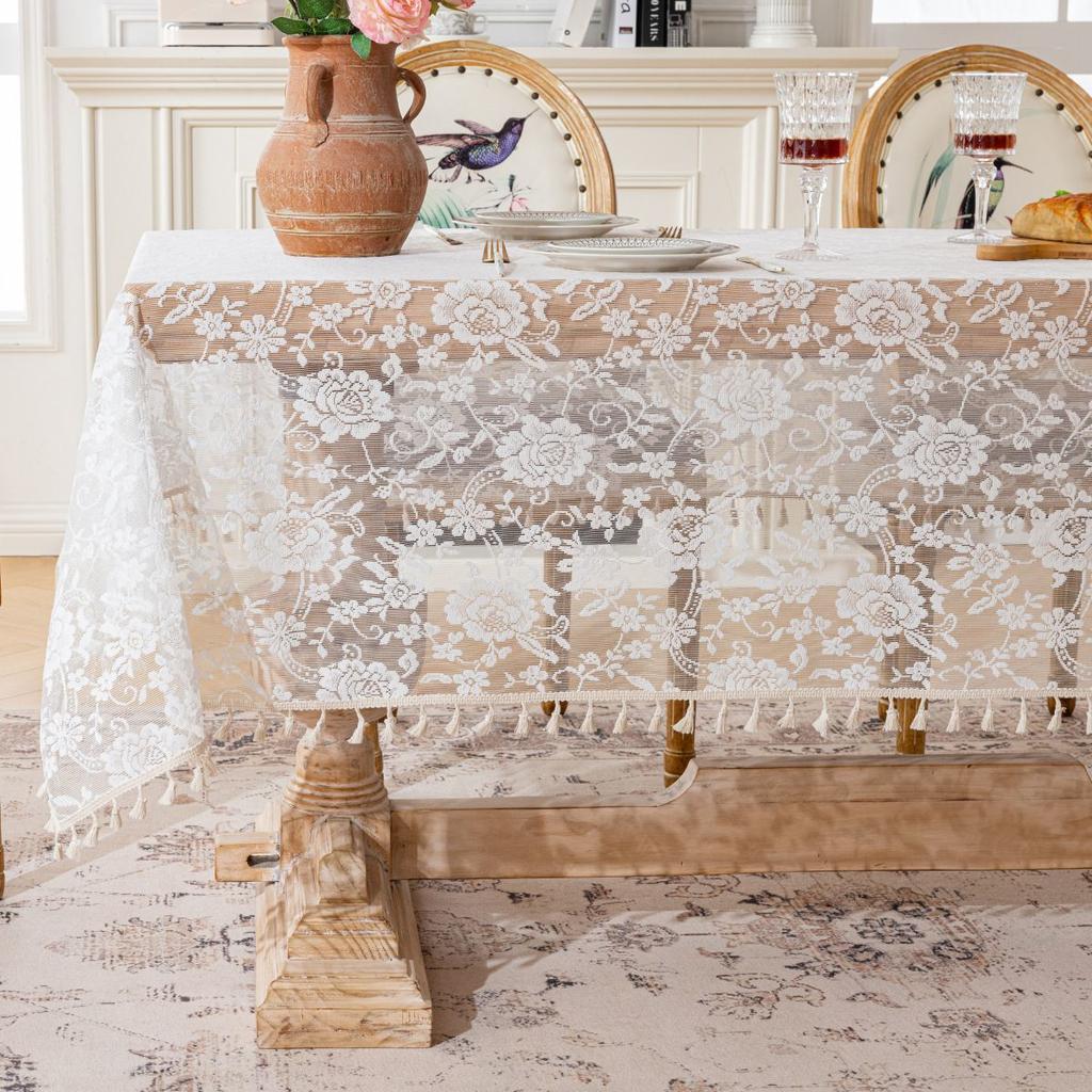Rose Lace Tablecloth – Lightly Luxurious and Romantic Photo Backdrop / Decorative Cloth – Rectangular Cover for Coffee Tables and Nightstands