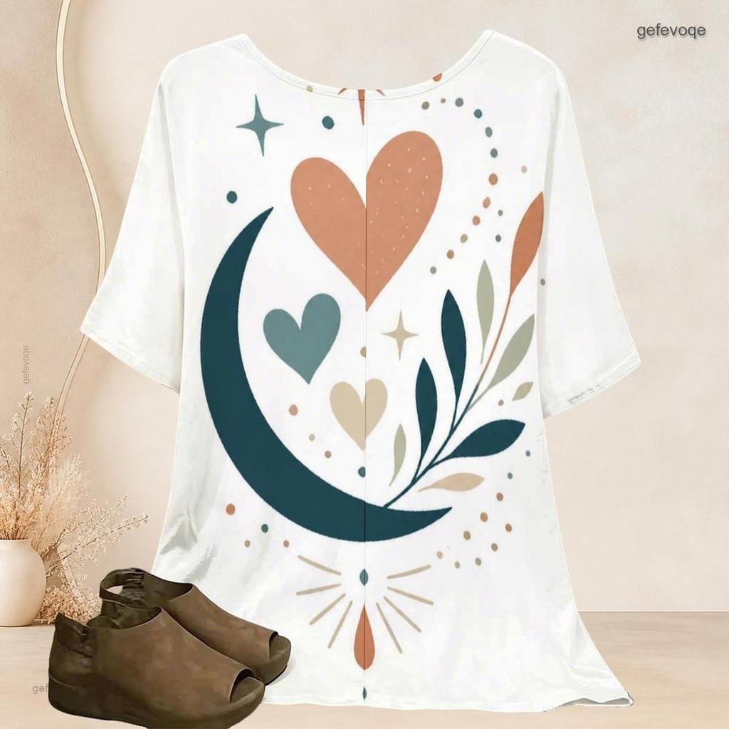 Women Plus Size Batwing Short Sleeve Top Round Neck Moon Star Night Sky Print Loose Casual Tunic Blouse