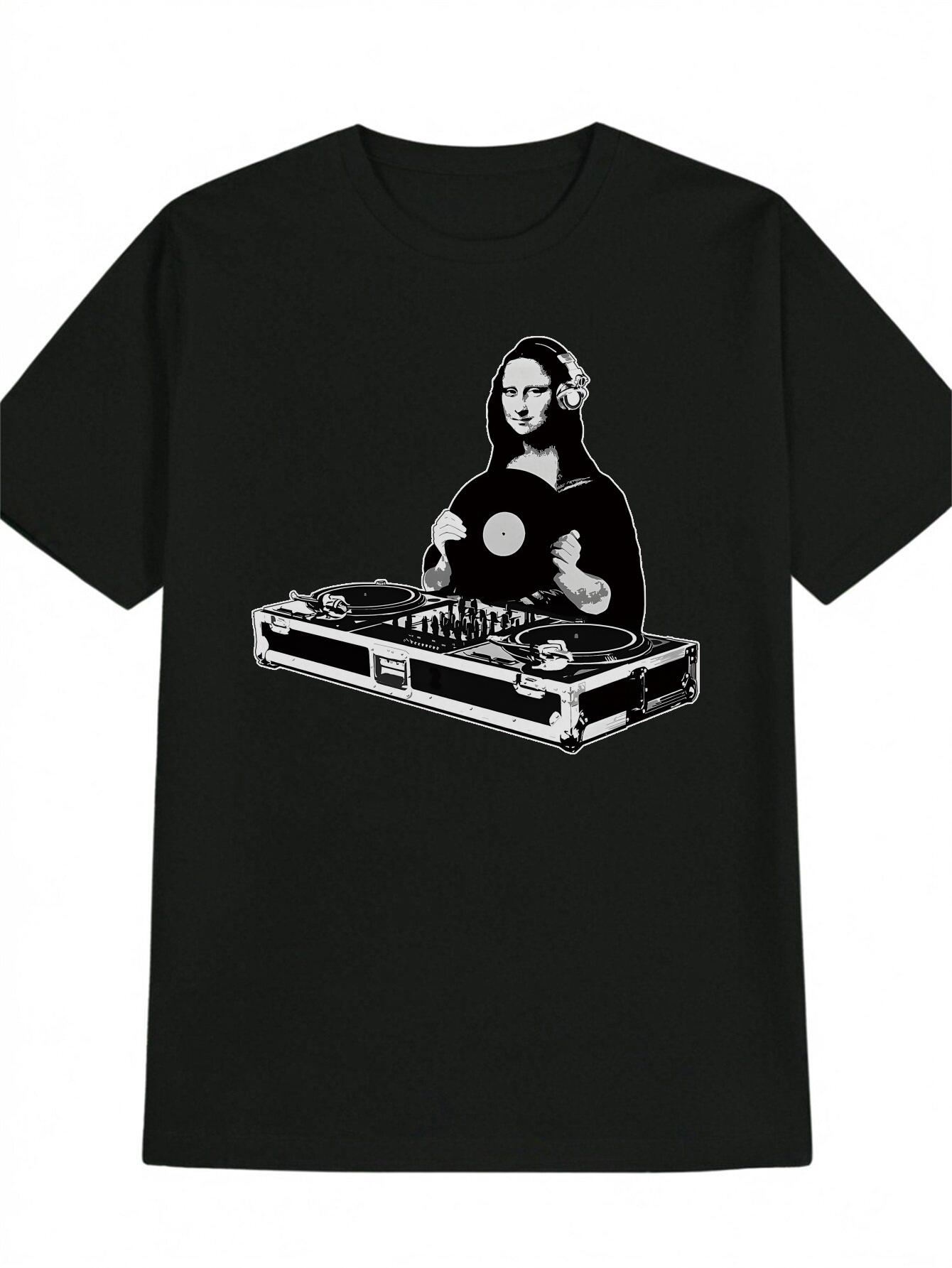 

Casual Graphic T-shirt with Female DJ Portrait Print - Black Round Neck Summer Tee S