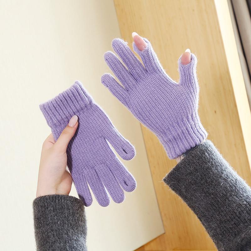 Autumn and Winter Women's Solid-color Knitted Gloves Are Cold-proof and Warm, and Can Be Cycled with Bare Fingers and Fashionable Commuting