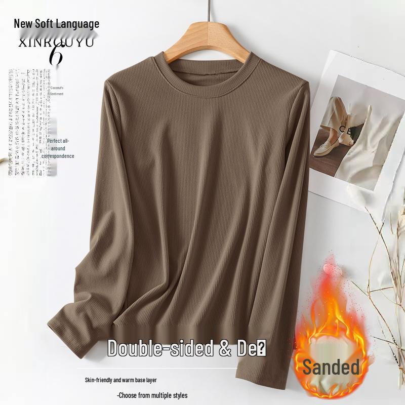Women's Solid Color Round Neck Fleece T-Shirt - Long-Sleeved and Warm, Perfect for Autumn and Winter Layering.