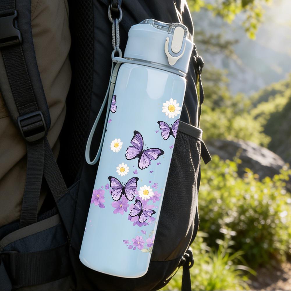 1PC Light Purple Butterfly Floral Branch 750ml Color Plastic Water Bottle Leakproof Flip Straw Lid For Sports Office Home Use