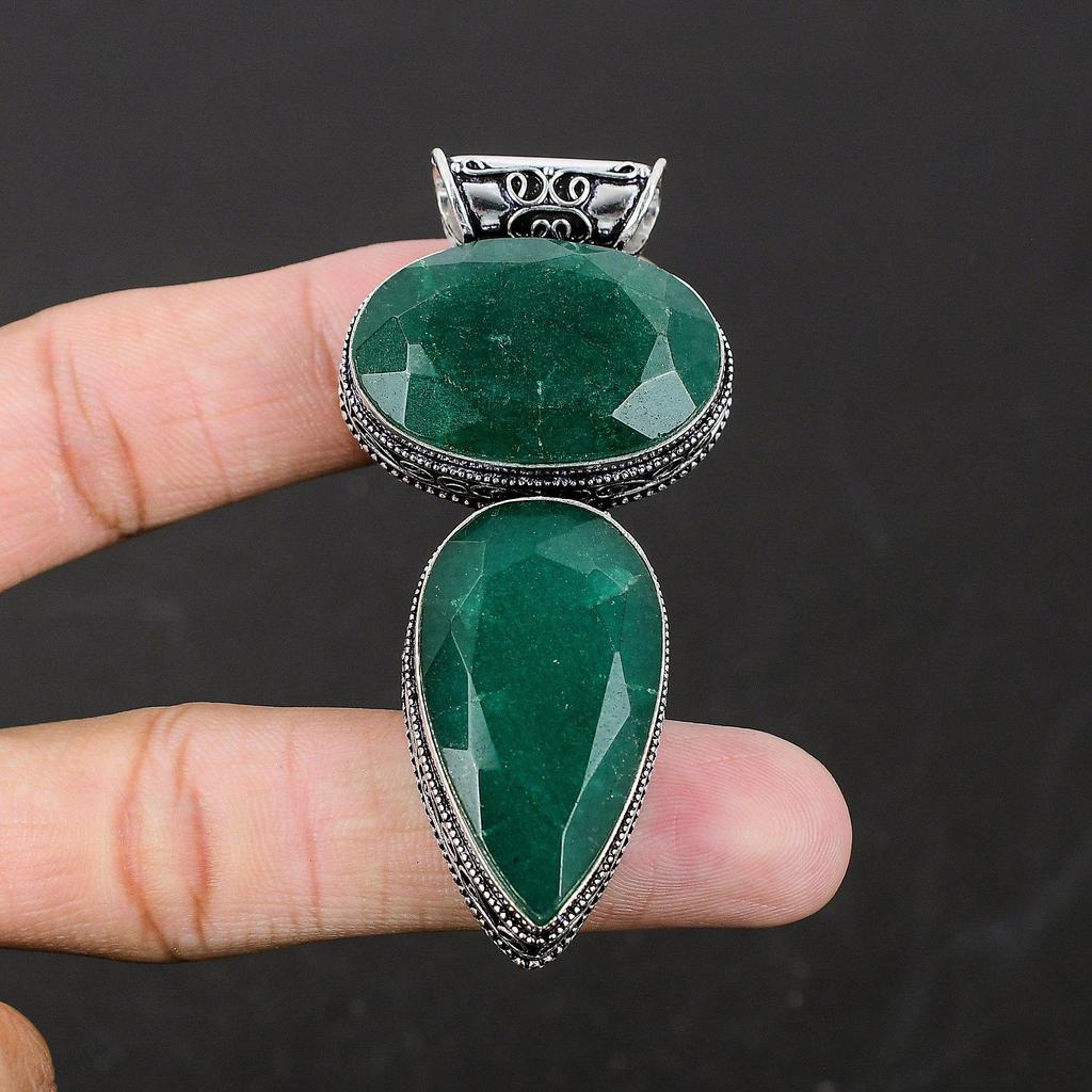 Colgante de plata de ley 925 hecho a mano con piedras preciosas de esmeralda, colgante de piedras preciosas de esmeralda doble, collar, regalos para mujeres