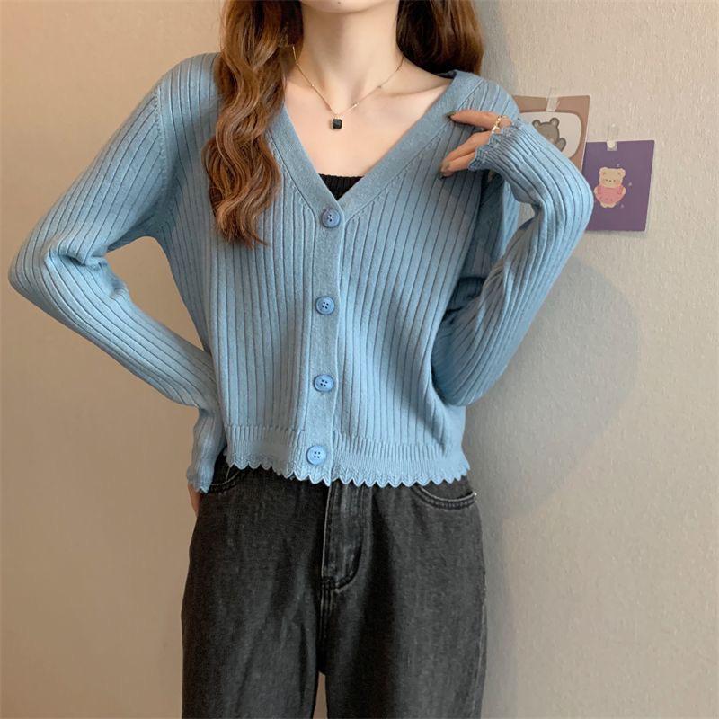 Women's Slim Fit Rib-Knit V-Neck Cardigan – Autumn Long-Sleeve Outerwear