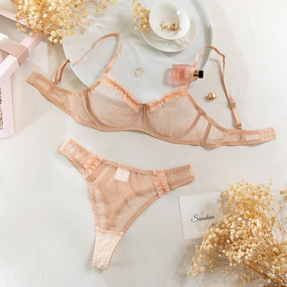 Evropská a Americká Dámská Sexy Průsvitná Síťovaná Podprsenka a Kalhotky, Volánková Krajková Podprsenka s Kosticemi Push-Up a Kalhotky Intimní Prádlo