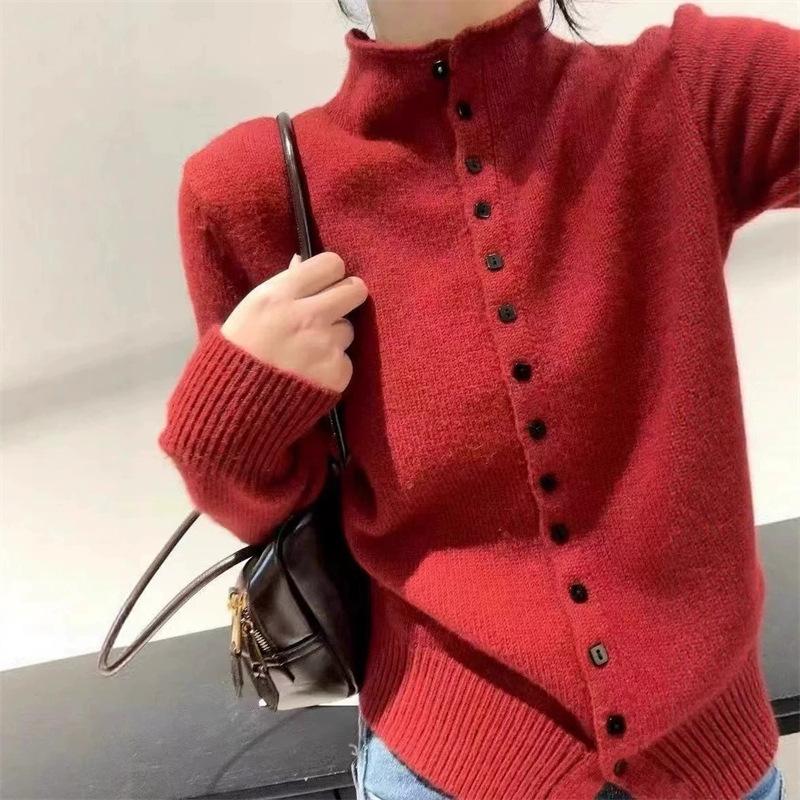 Autumn and winter new semi-turtleneck button soft waxy knitted cardigan women's outer with solid color long-sleeved sweater jacket