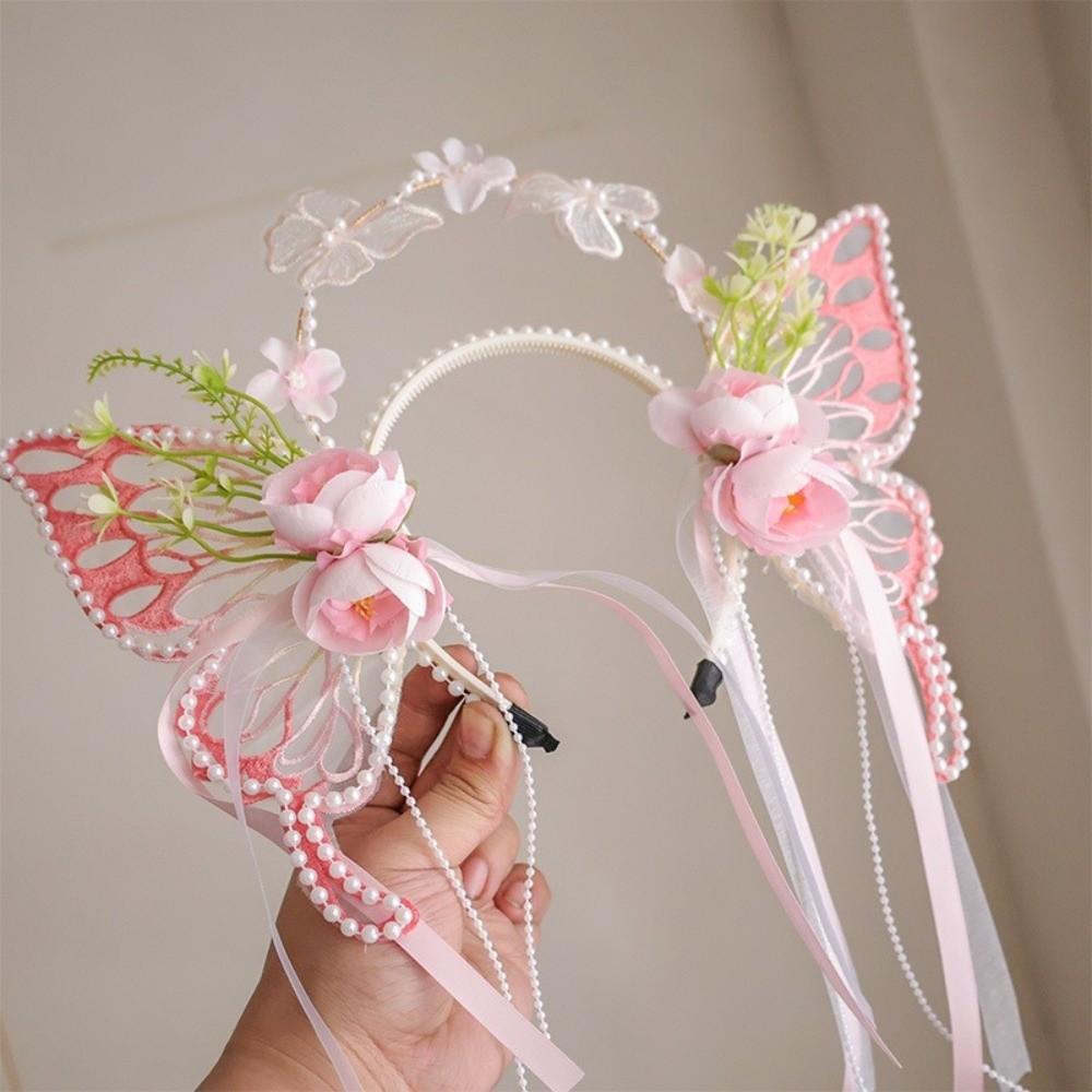 Silk Ribbon Butterfly Flowers Hairband Pearl Beads Decorative Headwear Floral Headwear  Women Wear