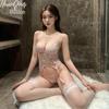 Sensual Illusion Deep V Embroidered Mesh Bodysuit