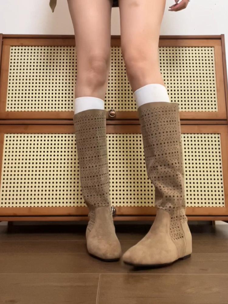 

Cowhide version~ Hollow and breathable design sense Inner height increase and thin knight boots Women s retro comfortable and not tired feet High boot 40 хаки