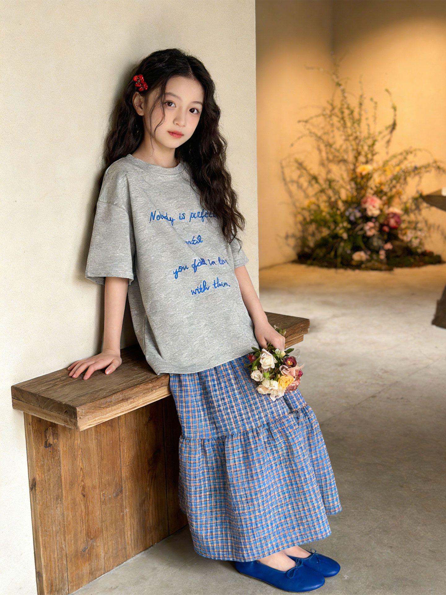 Girls Summer Fashionable Plaid Skirt & Short Sleeve Two-Piece Set (2026) 170 cm