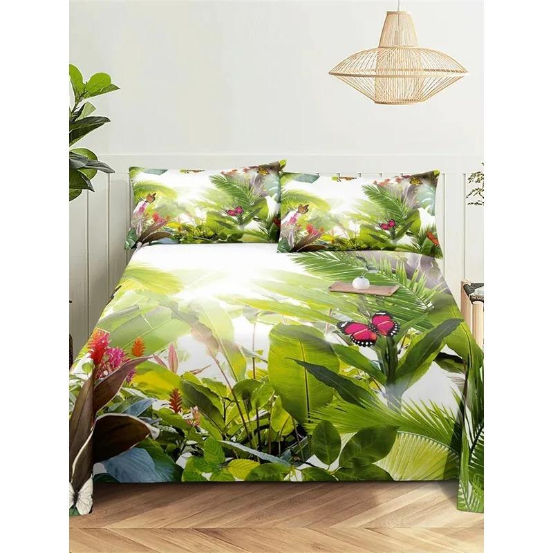 Green Plants Queen Sheet Set Girl, Lady's Room Leaf Bedding Set Bed Sheets And Pillowcases Bedding Flat Sheet Bed Sheet Set