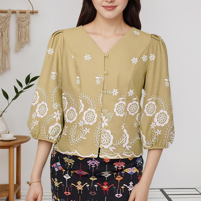 

ZANZEA Женская повседневная блузка с V-образным вырезом, рукавом 3/4 и свободным принтом S хаки