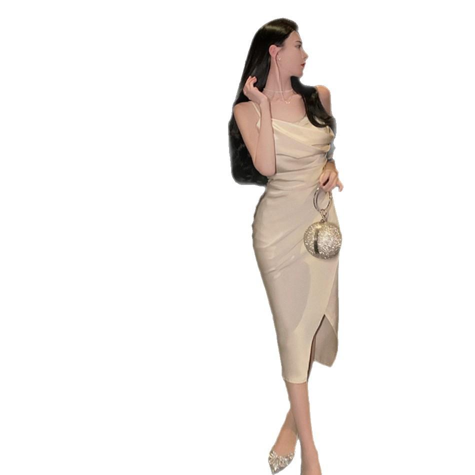 Real Shot Summer New French Blue High-end Atmosphere Fashion Slim Temperament Women's Design Suspender Dress