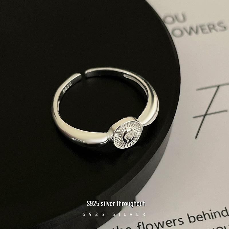 Cuiyan S925 Silver Korean Oval Ring - Women's Japanese Pattern Niche Open Index Finger Ring, Cold Fashion Style