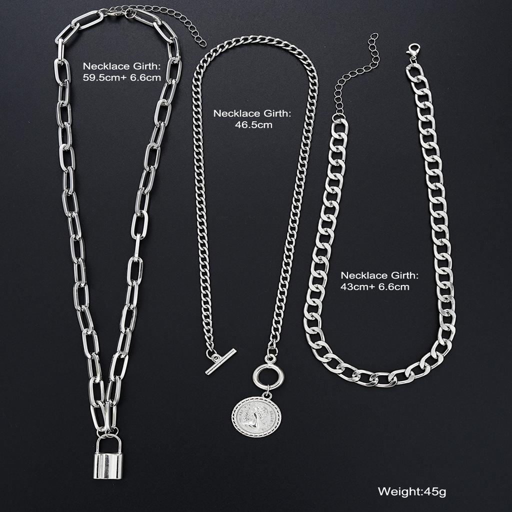3Pcs/Set Vintage Coin Lock Pendant Necklace For Women Men Elegant Gold Silver Color Unisex Necklace Sets Fashion Hip Hop Jewelry