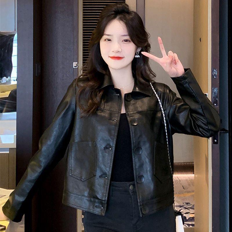 Womens Short Black PU Leather Jacket Chic Biker Style Casual Coat Petite