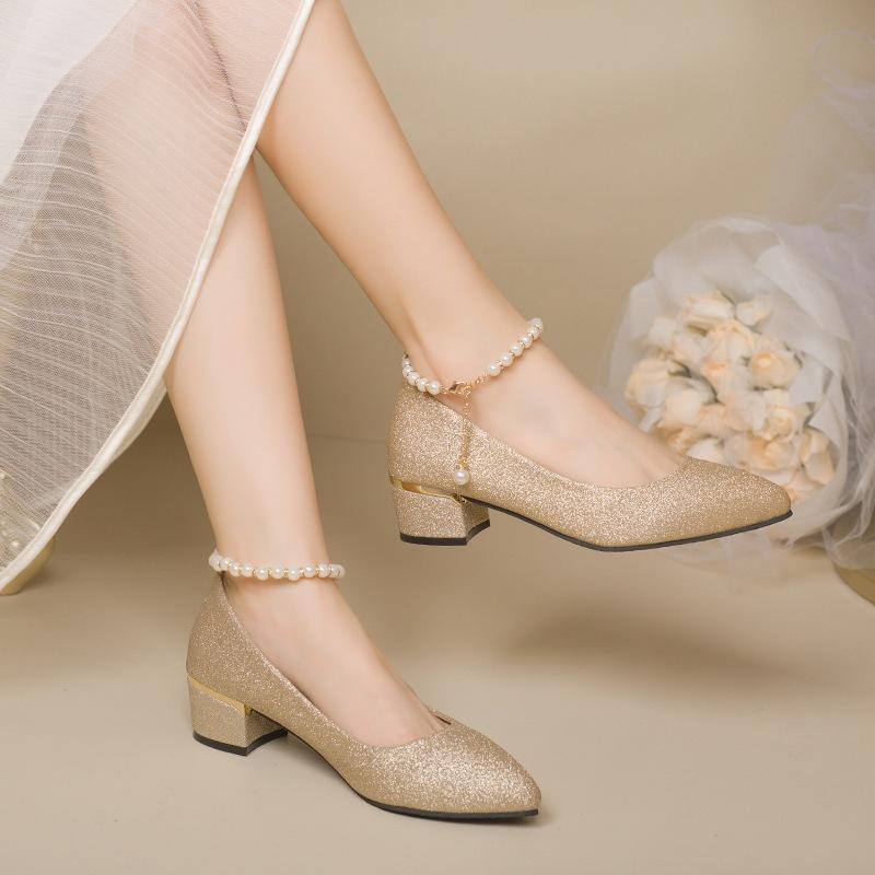 Fashion Women Wedding High Heel Shoes Silver Gold 2025 Spring Ankle Strap Crystal Shallow Chunky Block Heel Pumps Lady Plus Size