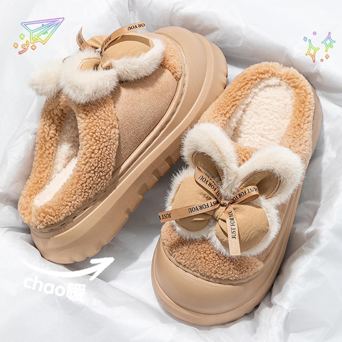 

Bow Cotton Slippers 2025 New Winter Bag Heel Outdoor Wear Indoor Home Plush Platform Cotton Shoes 40-41 хакі