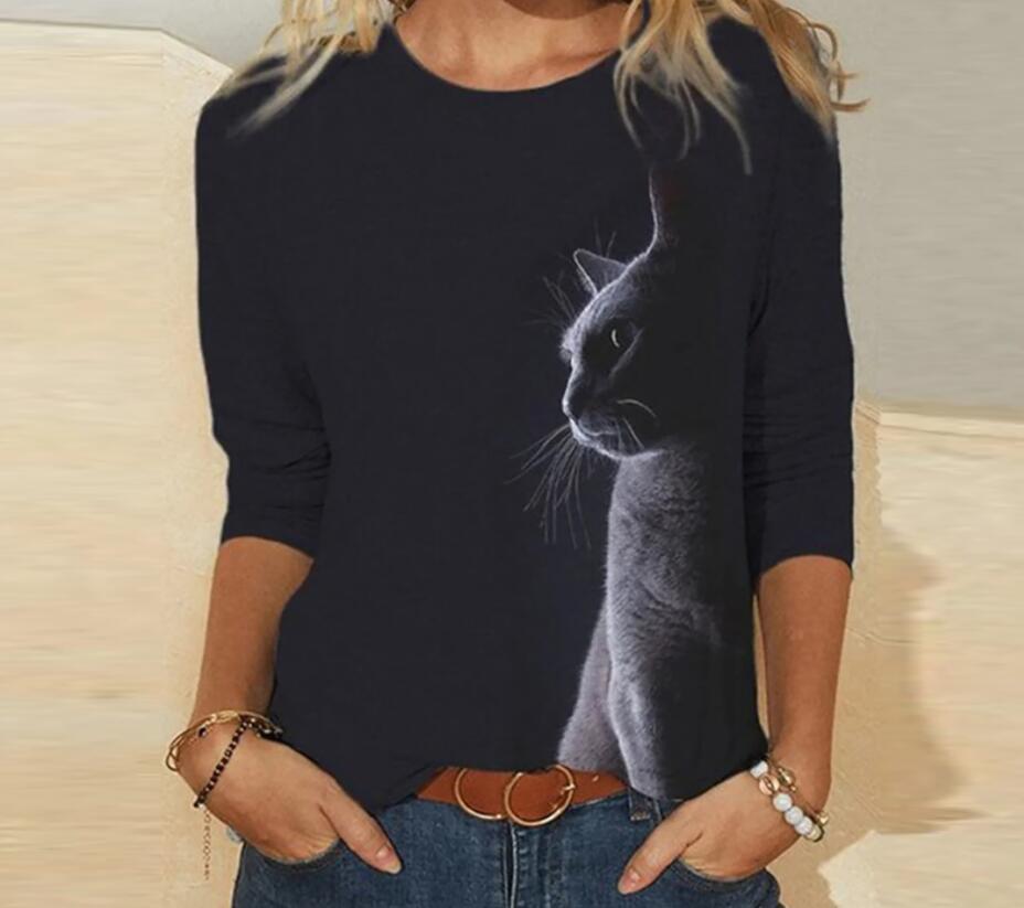 Women's Knitted Long Sleeve Animal Print Round Neck T-Shirt, European and American Style, 2023.