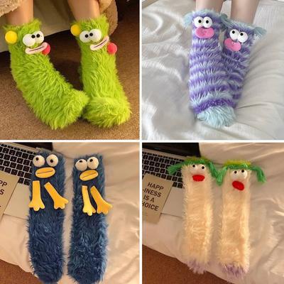 1-2 pares de meias de monstro kawaii, veludo coral, inverno, quentes, engraçadas, meias de dormir no chão para mulheres, meninas, crianças, meias fofas para casa