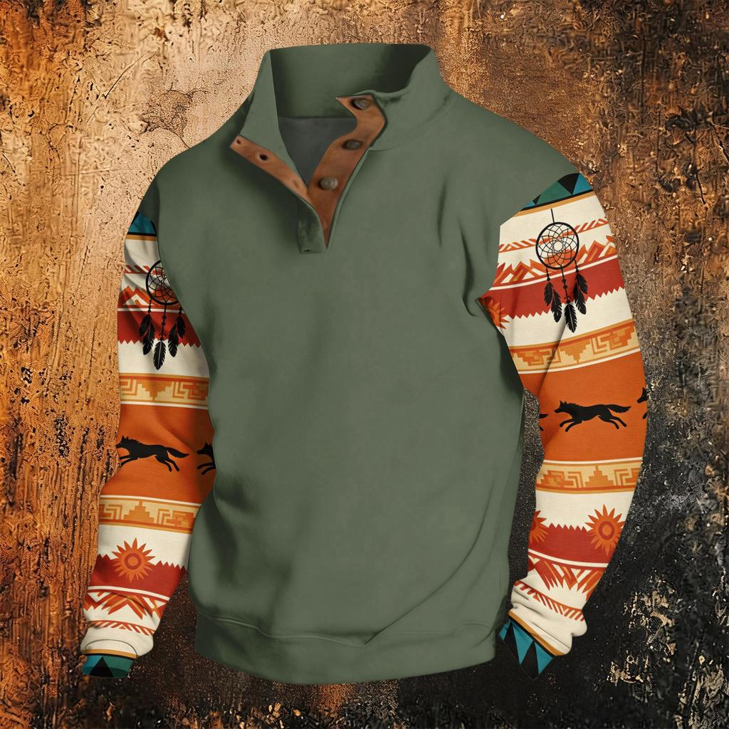 Men's Print Western Hoodie Long Sleeve Pullover Sweatshirt Casual