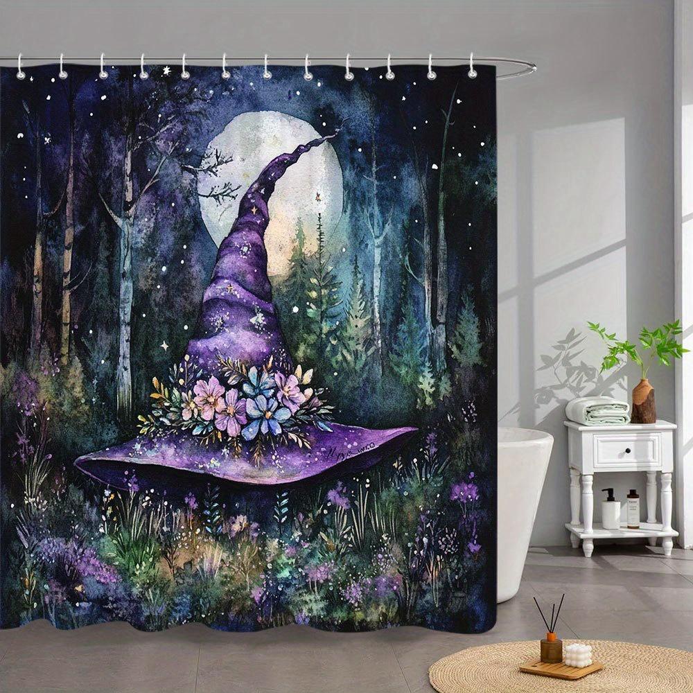 1pc Witch Hat Shower Curtain - Magical Bathroom Decor with Purple Witch Hat, Moonlit Forest, Floral Accents - Extra Long 70x70