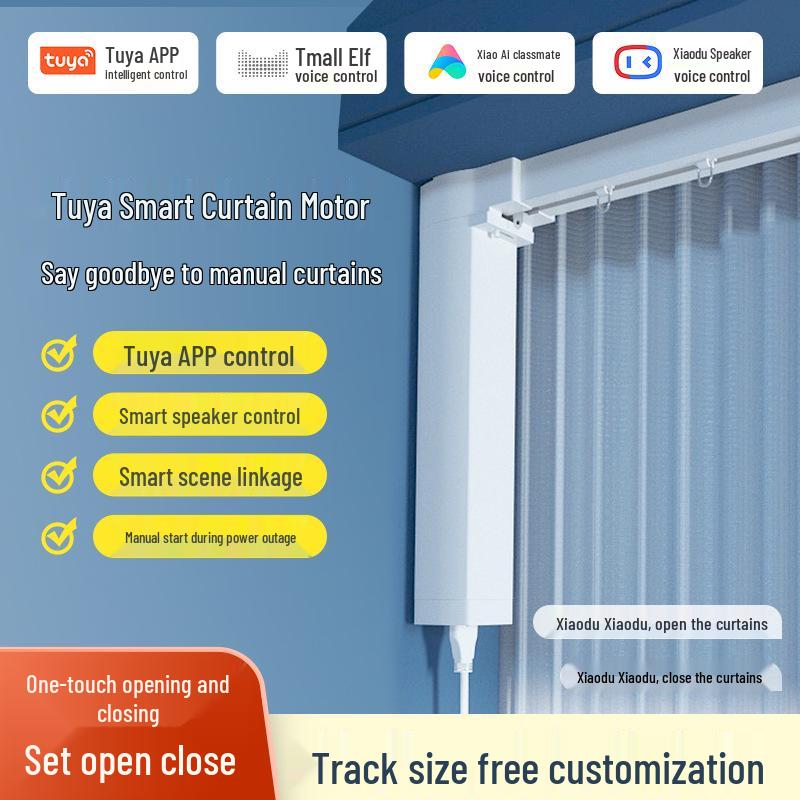 Smart Electric Curtain Motor with Silent Track, featuring Tuya WiFi, ZigBee, and Voice Remote Control. 2m Track + WiFi Motor + Remote