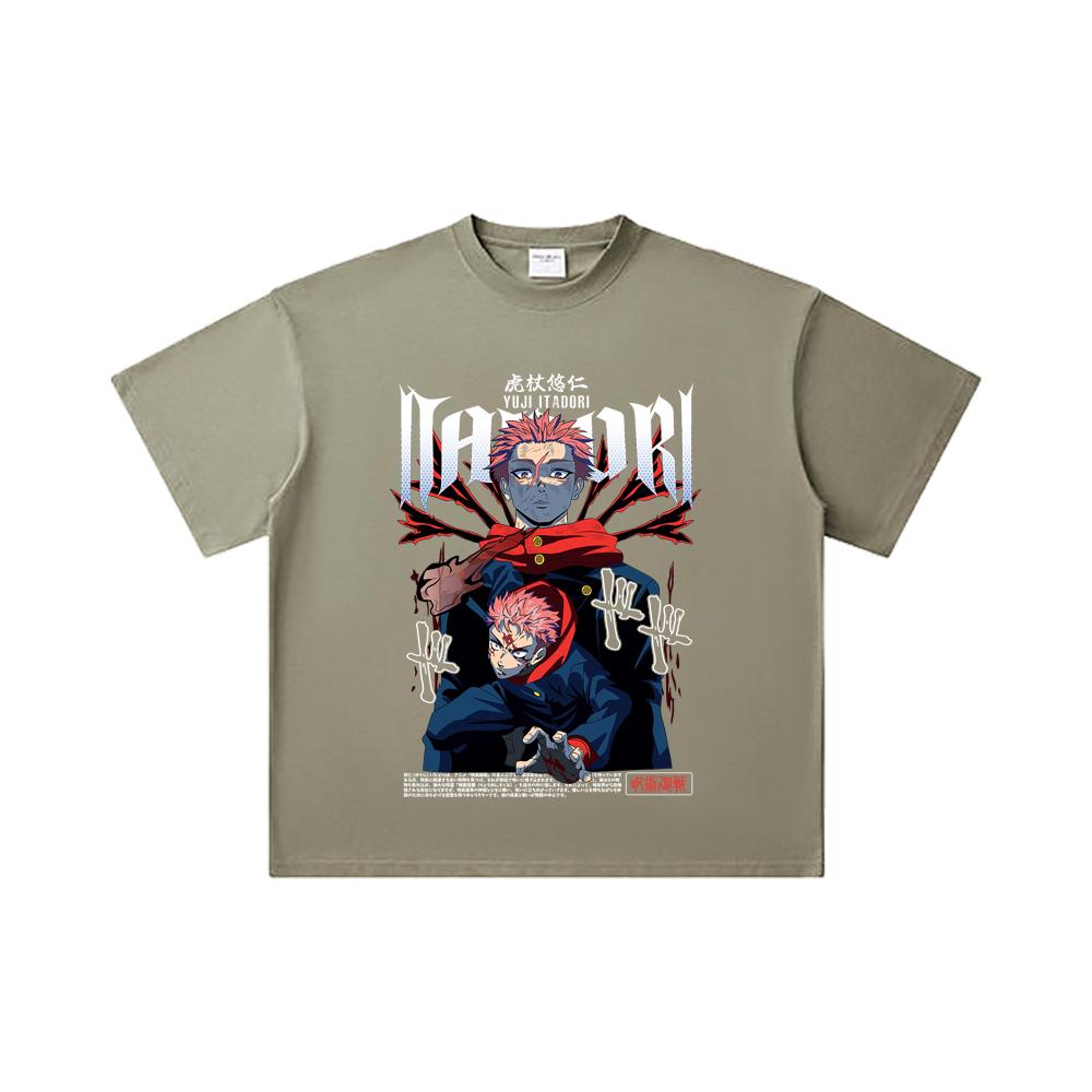 260 GSM Double Yarn 32 Count 100% Cotton Jujutsu Kaisen V20 Yuji Print Unisex Heavy Cotton T Shirt