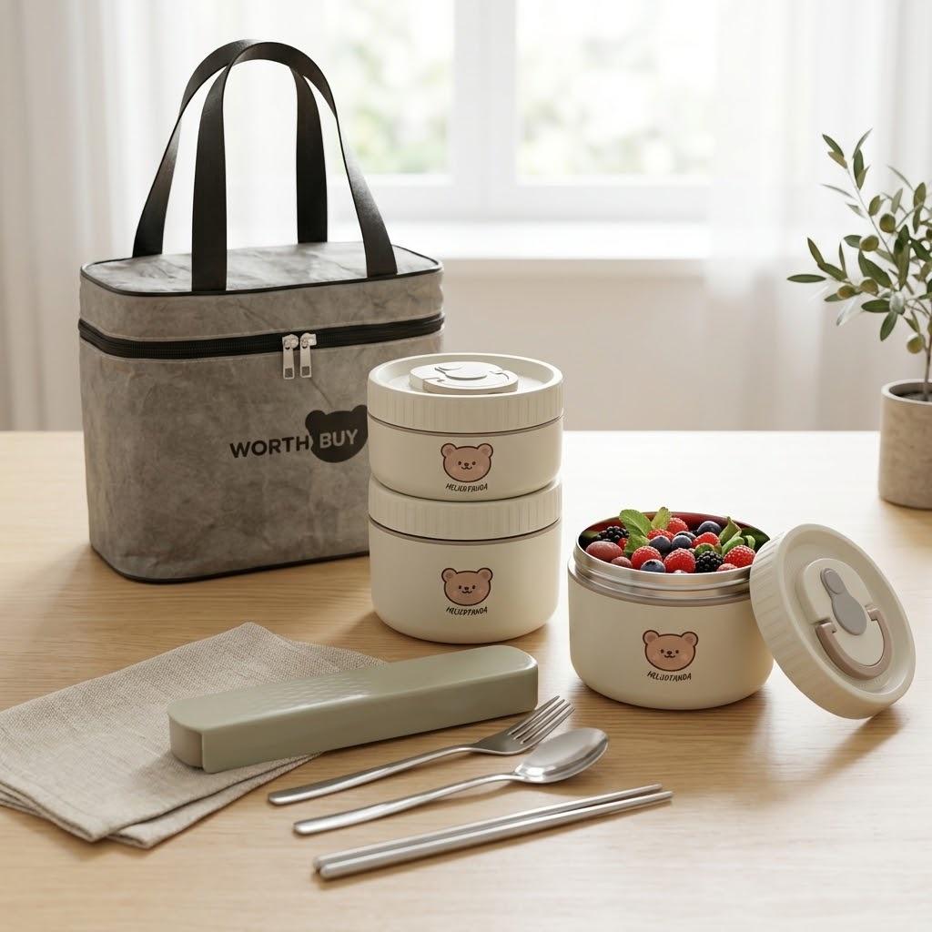Kawaii 304 Stainless Steel Bento Box Thermal Lunch Box with Handle Microwave Safe Food Storage Containers for Kids Adults School