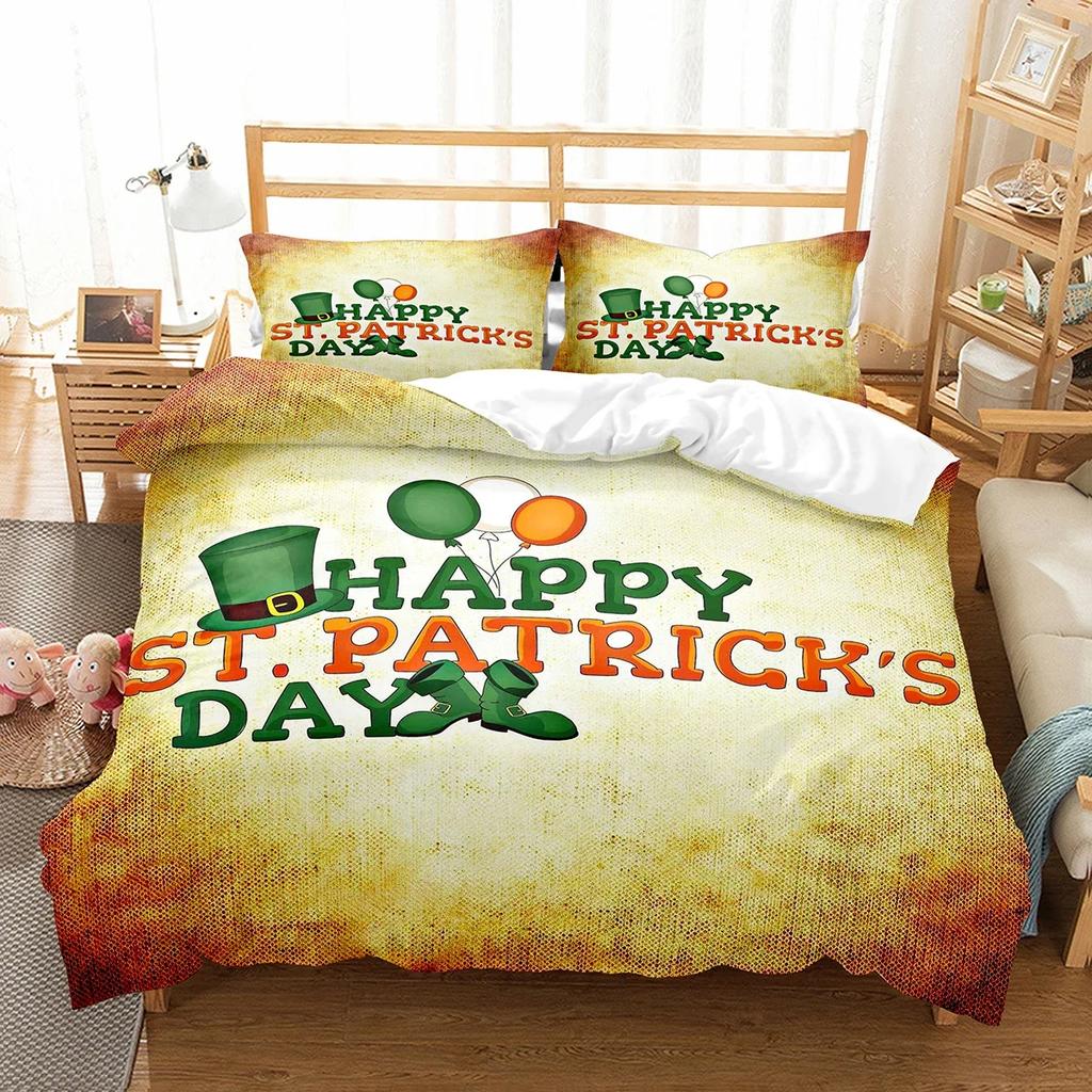 Happy St Patrick's Day Duvet Cover Set Plant Clover Bedding Set Green Lucky Leaf Quilt Cover Botanical Leaves Bedspread Cover