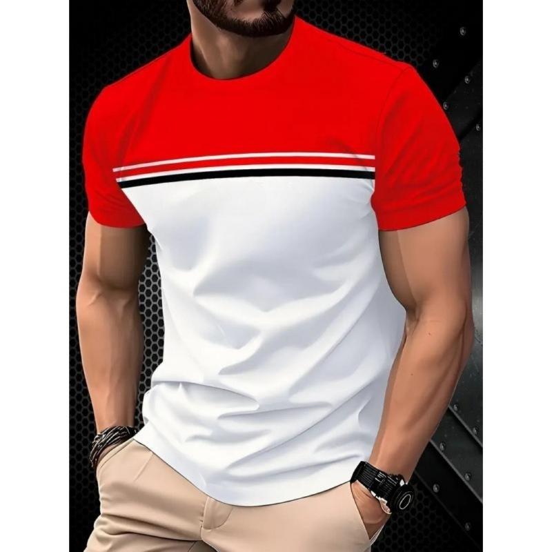 Fashion Men s Crew Neck Short Sleeve 3D Stripe Color Printed Crew Neck T-Shirt XS