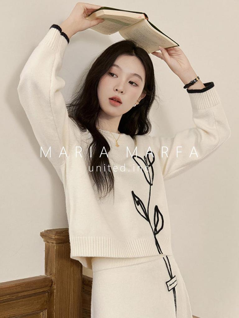 MARIA MARFA Elegant Knit Sweater and Floral Women's 2-Piece Set, Skirt, Spring/Summer Knitwear, Beige, 5S-M10-BEL