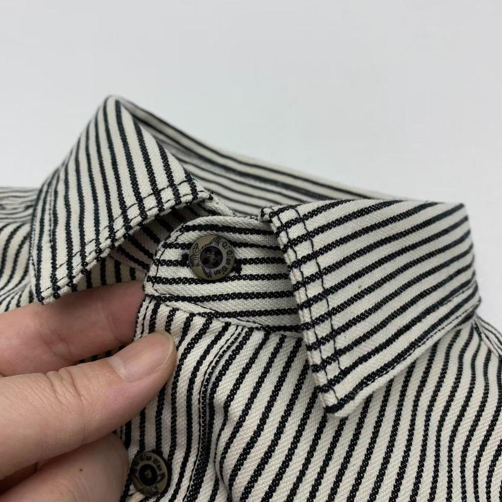 Unisex Retro Japanese Khaki Striped Long-Sleeve Shirt