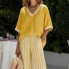 Summer Two Piece Outfit for Women Striped Short Sleeve V Neck Top And Wide Leg Pants Set with Pockets Casual Vacation Lounge Sets