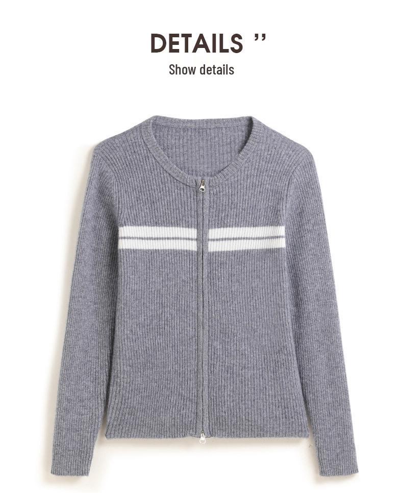 Color-Block Patchwork Cashmere Cardigan - Women's Autumn/Winter 2025 Ribbed Long Sleeve Knit Top