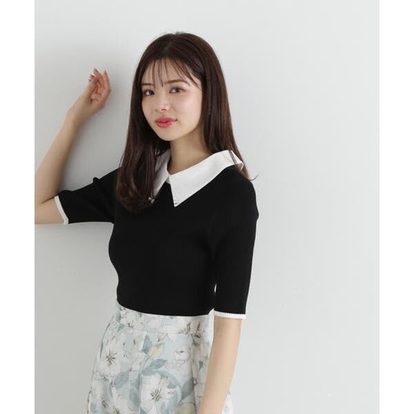 Proportion Body Dressing Collared Short Sleeve Ribbed Knit Black Women's 2-Way Sweater,