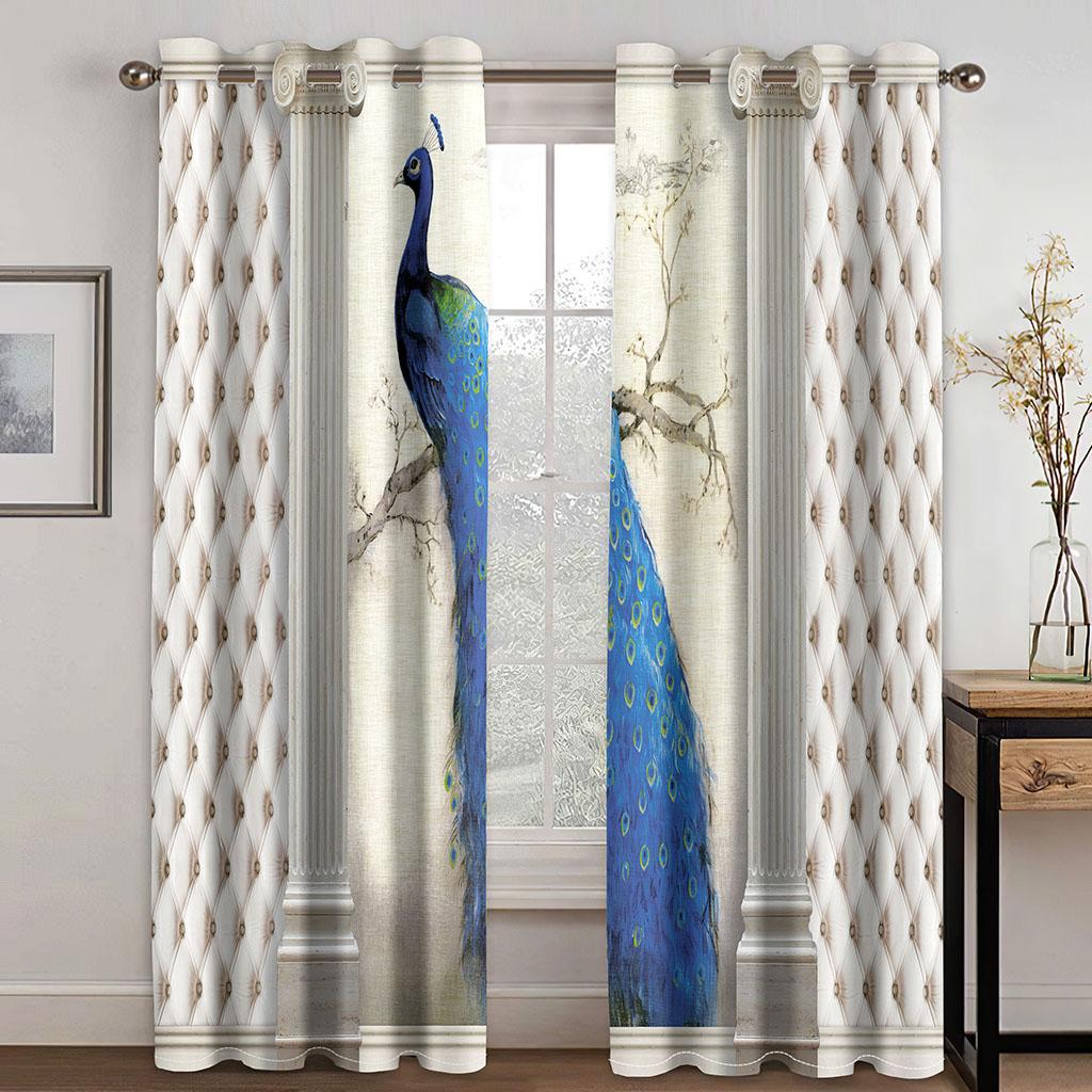 Beautiful Blue Golden Peacock Animal Window Curtains Blinds For Living Room Kids Bedroom Bathroom Kicthen Door Home Decor2Pcs