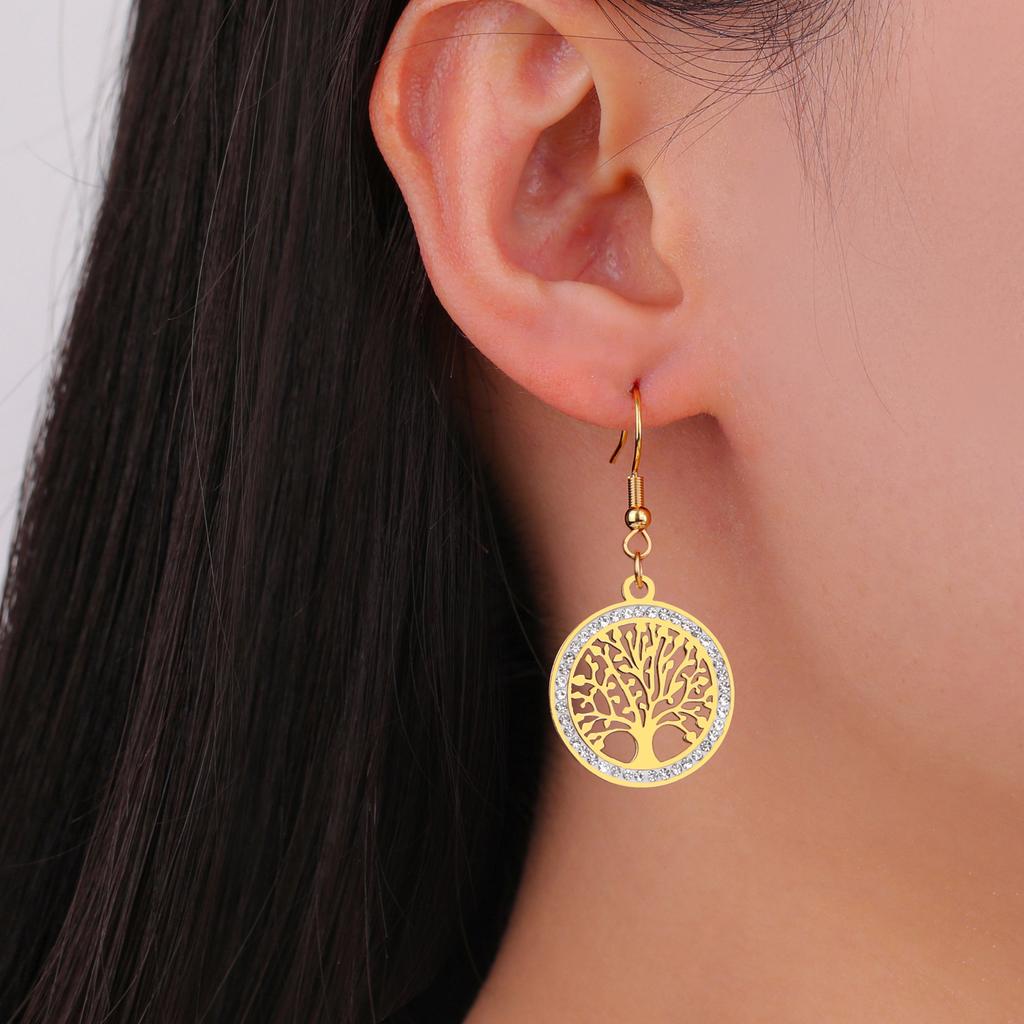 Lucktune Tree of Life Round Pendant Earrings for Women Stainless Steel Crystal Zircon Tree Earring Jewelry Valentine's Day Gifts