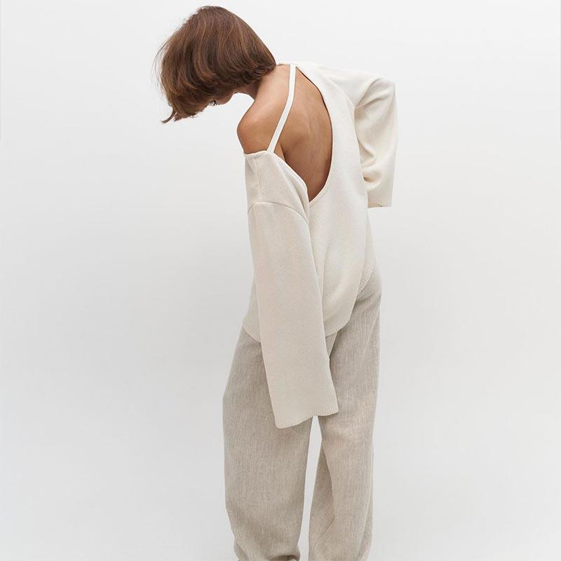 Cotton Pullover Overzie Sweater Women's Sexy Backless Loose Knit Sweater Round Neck Flared Sleeve Solid Color Pull Jumper Autumn/Winter 2025