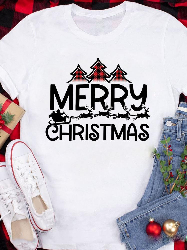 (Asian Size) Tee Top Festival  Merry Christmas New Year Holiday Casual Love Heart Plaid Women Print Lady Short Sleeve Fashion Graphic T-shirts