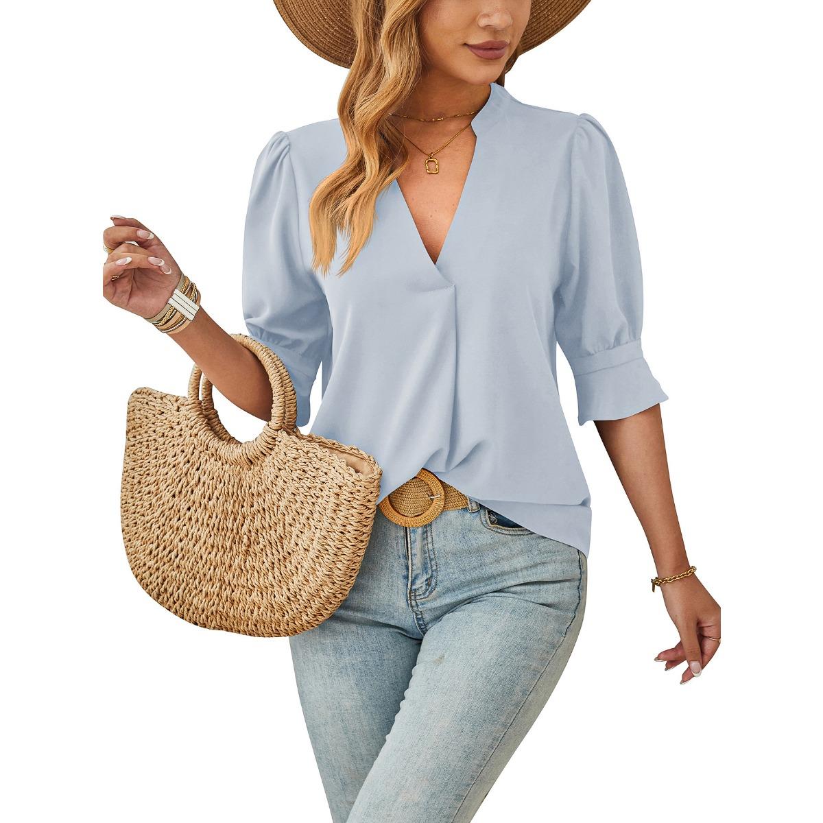 

Spring Summer New Solid Color V-Neck Mid Sleeve Comfortable Breathable Casual Tops for European and American Women Cross-border Clothing S небесно-голубой