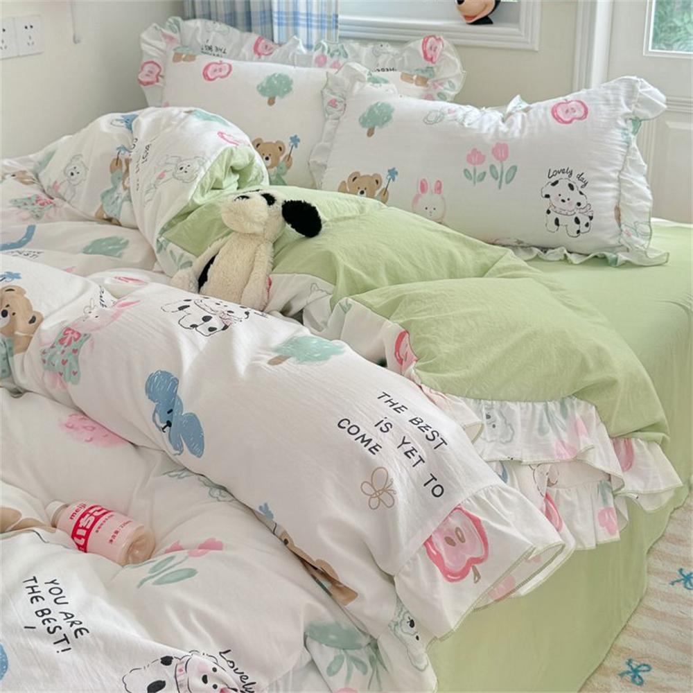 Ins Style Korean Princess Washed Cotton Four Piece Set Fresh Lace Duvet Cover Set, Bed Sheet Three Piece Set on the Bed