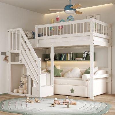 Massief Houten Bed 90*200, Trap met Opbergkast, Kinderbed, Tienerbed, Eenpersoonsbed, Massief Houten Frame, Hoge Versie, Wit