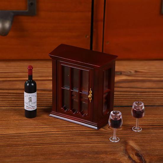 Mini Wine Cabinet Model Miniature House Kitchen Furniture Mini Red Wine Bottles Goblets Doll Accessories for Kids Pretend Play