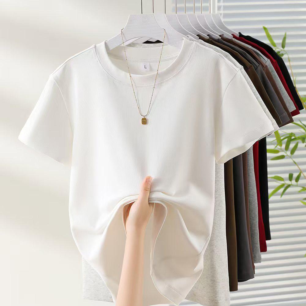 Women's Slim Fit Pure Cotton White Short-Sleeve T-Shirt - Round Neck, Versatile Basic Summer Top