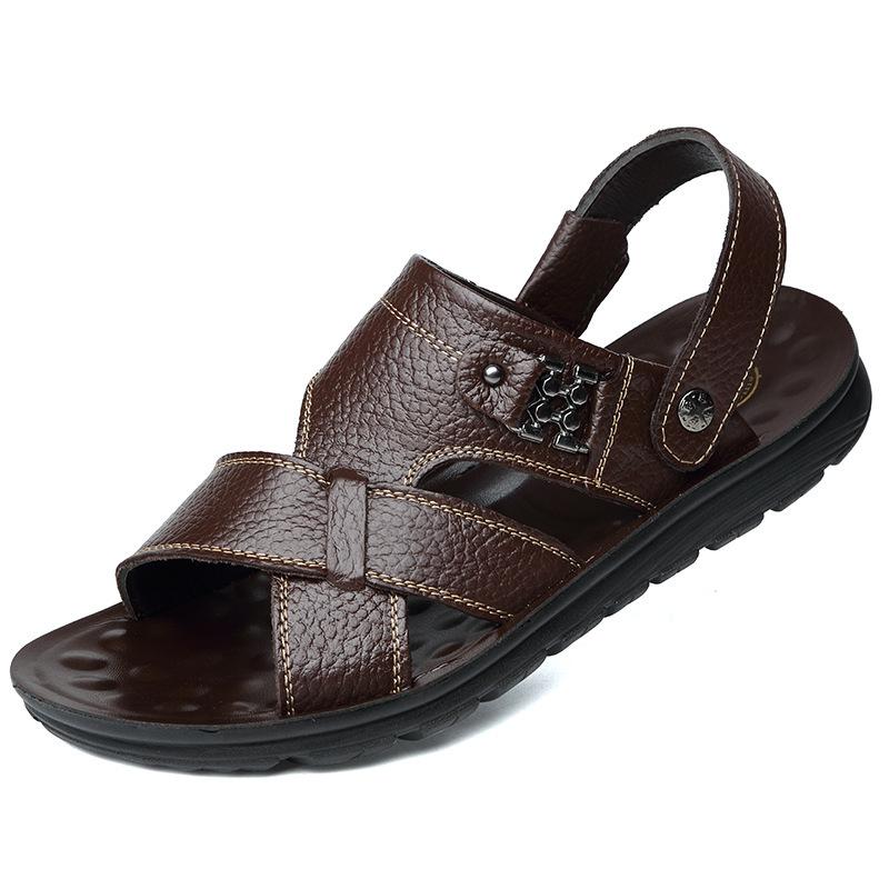 Men's sandals men's outer wear 2025 summer new leather beach shoes dual-purpose sandals breathable cowhide dad shoes