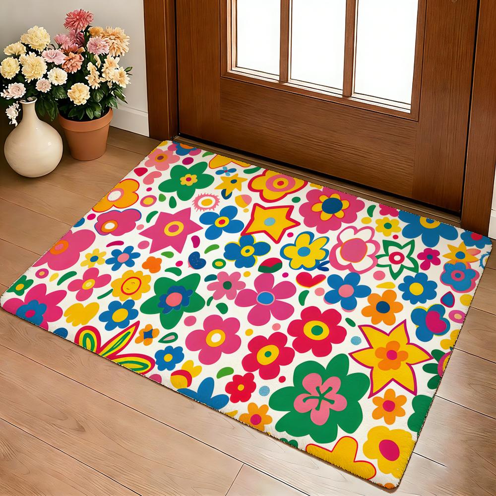 Groovy Flowers Floor Mat Cozy Flannel Soft Thick Non-Slip Mat For Living Room Bedroom Kitchen Decor Rugs