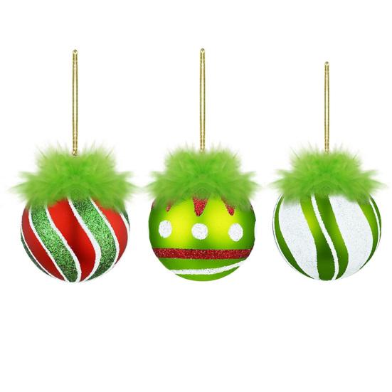 2.4 Inch Christmas Ball Ornaments with Fuzzy Green Hair Glittering Hanging Furry Elf Ball Decoration Red Green Plastic Ball Ornament for Xmas Tree